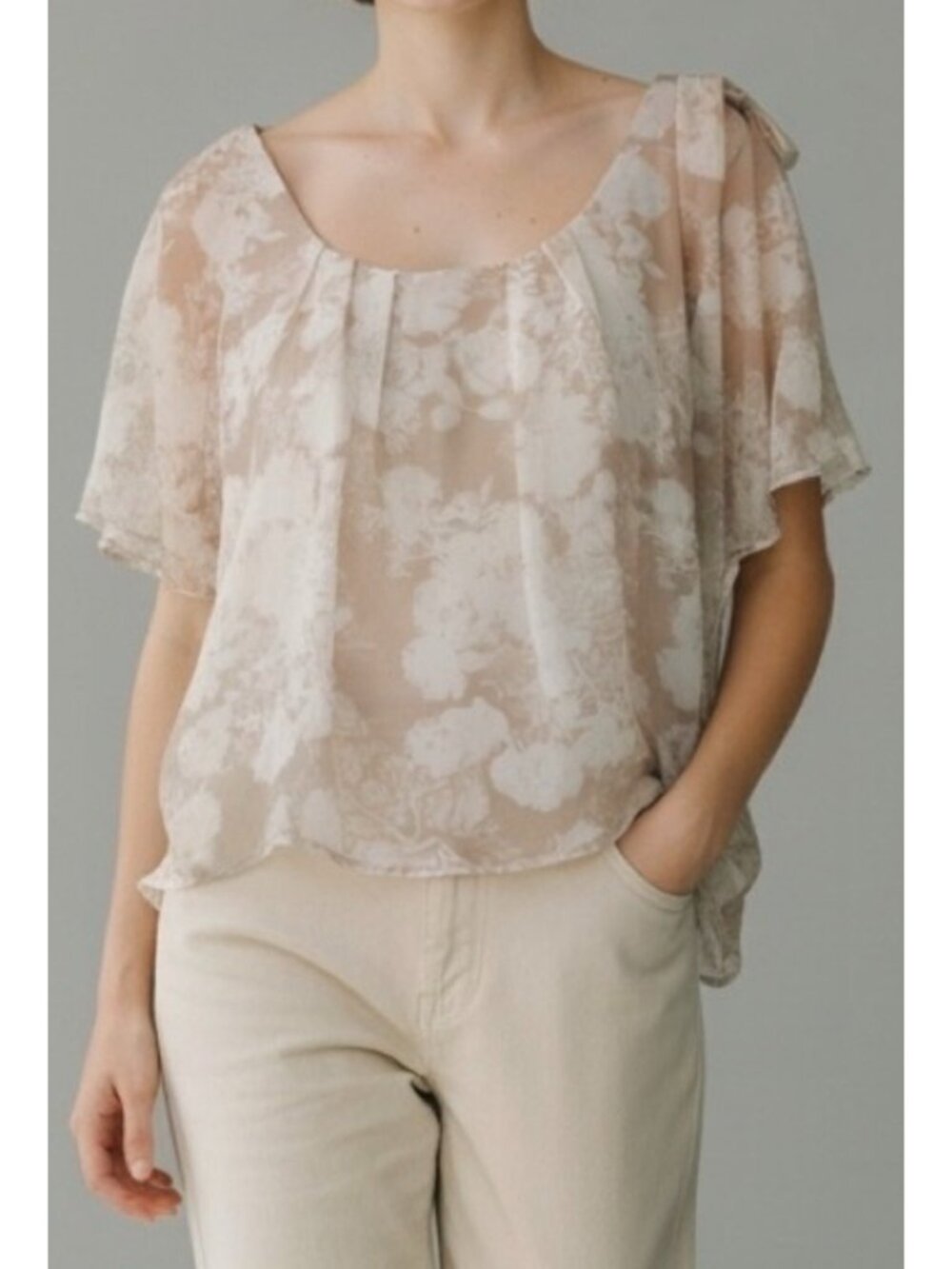 Floral Blouse Top Beige Ivory Sheer Romantic Cottagecore Vintage-inspired XS